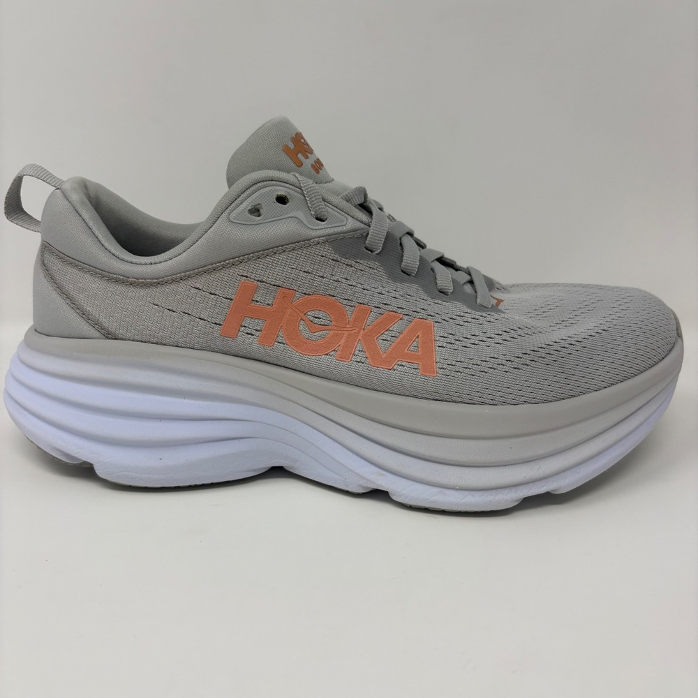 Hoka Bondi 8 Womens Size 8 Grey Orange White Athletic Running Shoes Sneakers